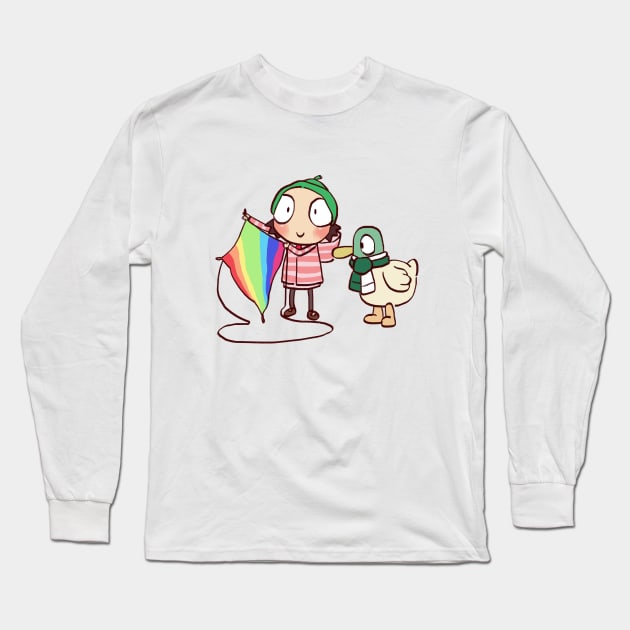 sarah and duck flying a rainbow kite in kite flight / children cartoon Long Sleeve T-Shirt by mudwizard